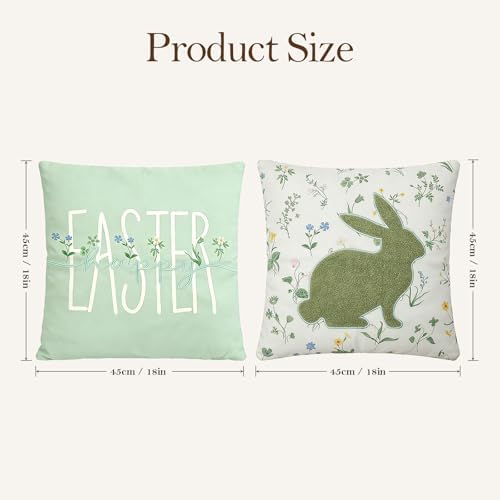 DN DECONATION Easter Pillow Covers 18x18 Inch, Spring Throw Pillow Covers Set of 2, Farmhouse Decorative Lumbar Pillows Case for Couch, Sofa, Living Room, Easter Home Green Bunny Decor