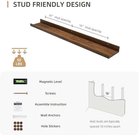 Acovy Picture Ledge Shelf, Wood Floating Shelves, 36 inch, Walnut, Set of 2