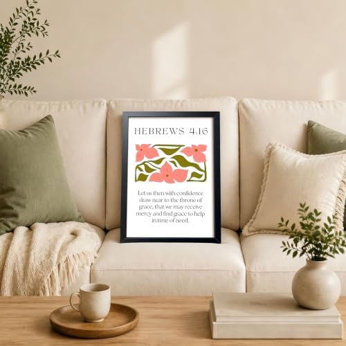 Framed Hebrews 4:16 Bible Verse Wall Art, Christian Floral Canvas Wall Decor Painting, Boho Religious Inspirational Scripture Print Poster Picture for Living Room Bedroom Prayer Room Home Decor 12x16 Inch
