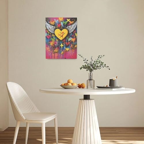Crekviy Banksy Wall Art Street Graffti Wall Decor Heart Wings Canvas Prints Painting Romantic Artwork Decorations for Bathroom Bedroom Living Room Office Framed Gifts 12"x16"