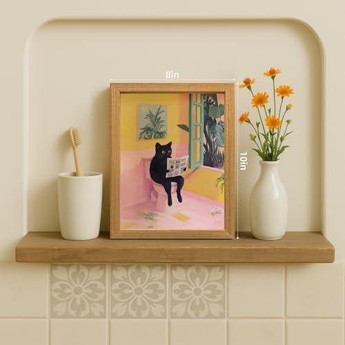 Cyebmo Funny Bathroom Wall Art, Cute Black Cat Sitting on Toilet Reading Newspaper Wall Decor, Whimsical Pink Abstract Animal Canvas Artwork for Bathroom Kid's Restroom Bedroom Wood Framed 8x10 Inch