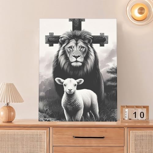 Crekviy Lion and Lamb Wall Art Lion of Judah Wall Decor Pictures Christian Canvas Prints Painting Religious Artwork Decoration for Bathroom Bedroom Living Room Framed Gifts 12"x16"