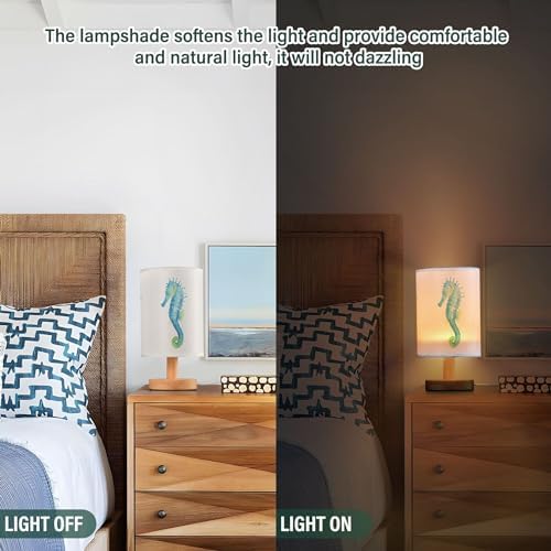 Table Lamp Watercolor Seahorse Marine Animal Nightstand Lamp with Wood Base Fabric Lamp Shade Bedside Desk Lamp for Living Room Bedroom Kids Room Office