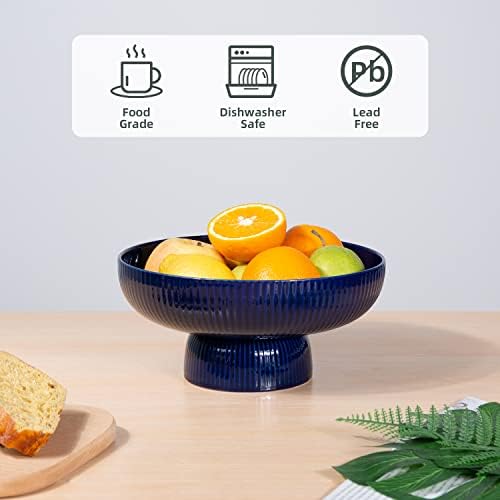 Ceramic Fruit Bowl for Kitchen Counter, Large Fruit Basket with Hole, Navy