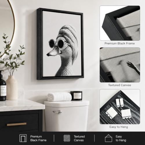 Framed Funny Bathroom Wall Art, Duck in Towel Canvas Print, Minimalist Black and White Humor Bathroom Animal Decor for Restroom Toilet 12x16in