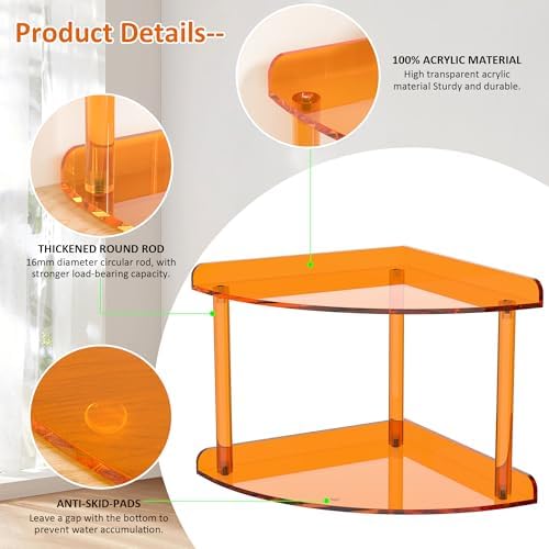 Sezanrpt 2 Tier Acrylic Corner Shelf Organizer Storage 9.5x9.5x8 Inch, Orange Countertop Corner Shelf for Bathroom, Kitchen, Bedroom, Office, Study Room