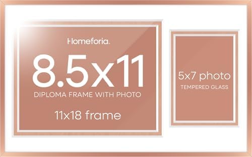 Homeforia 11x18 Rose Diploma Frame, High-End Metal, 8.5x11 & 5x7 Mat