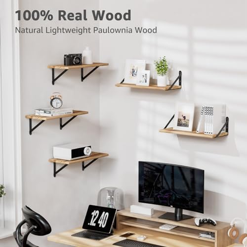 COCOYA Wall Shelves 7.3" Deep Solid Paulownia Wood (Light Brown, Set of 5)