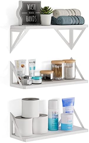 Wallniture Minori Washed White Floating Shelves for Wall Storage, Bathroom Shelves Over The Toilet Storage, Wood Wall Shelf Set of 3 with White Brackets