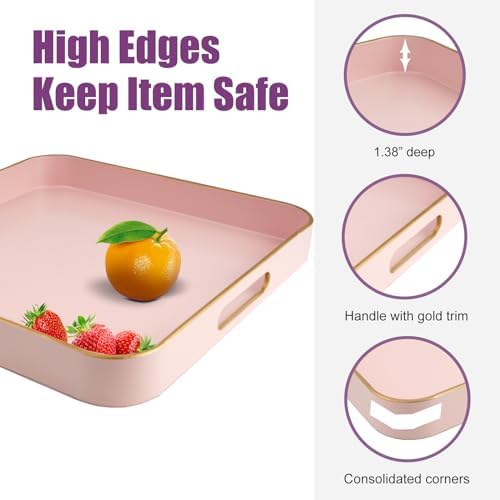 Gifturbo Pink Square Decorative Tray,Serving Tray with Handles with Gold Trimming Plastic Coffee Table Tray for Ottoman, Living Room, Home Decor,Bathroom with Gold Trimming, 13” x 13” x1.57”