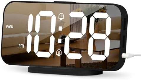 ALANAS Slim Digital Alarm Clock, Big Mirror Display with Dual USB Charger Ports, Dual Alarms, Snooze, 4-Level Adjustable Dimmer, for Bedroom, Office, Desk, Dorm, College Students, Home (Black)