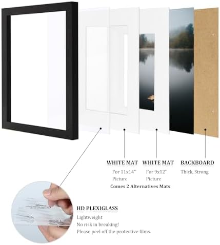 Egofine 12x16 Picture Frames Set of 4, Made of Solid Wood Covered by Plexiglass 9x12 and 11x14 with Mat or 12x16 without Mat, for Wall Mounting Photo Frame Black