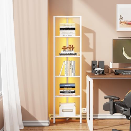 TUTOTAK 6-Tier Corner Bookshelf with LED Light, Corner Shelf