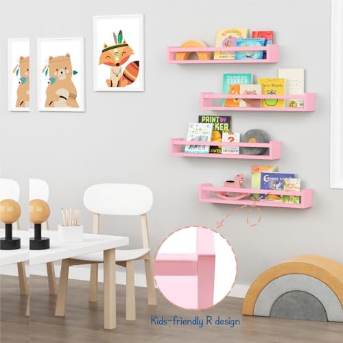 Forbena Large Pink Kids Book Shelves for Girls Room Wall Set of 4, Floating Nursery Book Shelf for Baby Girl Deocr, 24 Inches Long Wall Mounted Bookshelf for Toddler Kid Child Teens Bedroom (Pink)