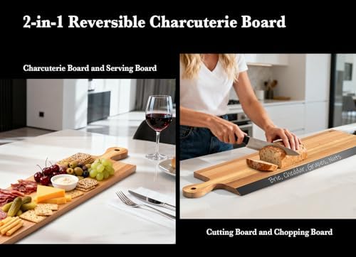 32" Acacia Charcuterie Board with Handle – Extra Long Serving Platter with Chalkboard Edge for Cheese, Meat & Appetizers – Large Wooden Kitchen Board for Parties, Gatherings & Home Decor