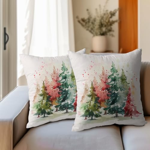 Christmas Tree Outdoor Throw Pillow Cover 20x20 Inch Set of 2 Winter Colorful Pine Tree Cushion Covers Xmas Holiday Theme Accent Pillowcase for Home Bedroom Sofa Patio