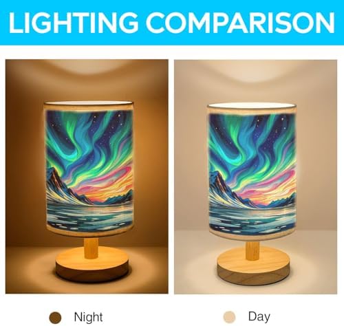 Aurora Night in The Polar Region Table Lamp LED 3-Color Pressed Bedside, Aurora Night in The Polar Region Shade Lamp with Wood Base for Bedroom Living Room Desk Office TL01