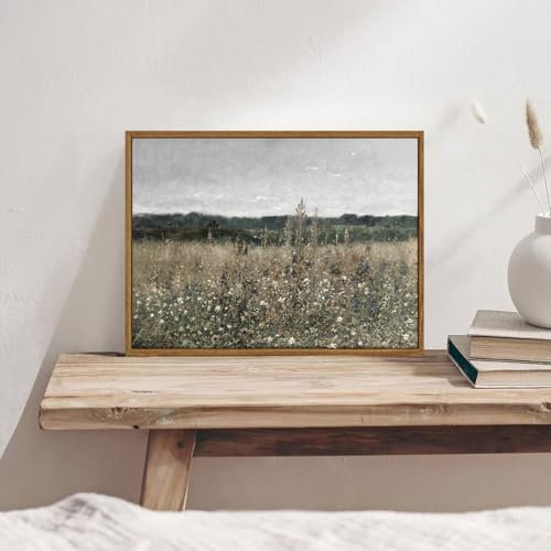 OIQArtOIQ Vintage Framed Wall Art Wildflower Field Meadow Canvas Art Prints Rustic Farmhouse Landscape Pictures Wall Decor Modern Cottagecore Paintings Artwork For Bedroom Bathroom Office Living Room
