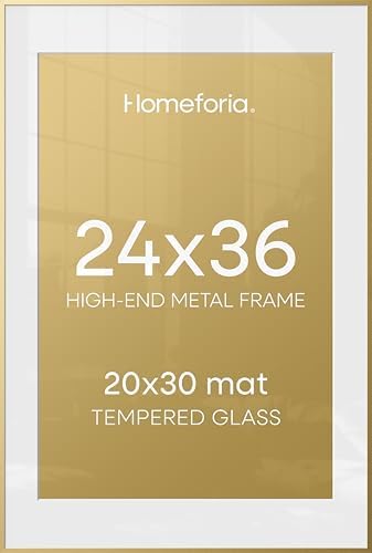 Homeforia 24x36 Gold Poster Frame, High-End Metal, 20x30 Mat, Glass