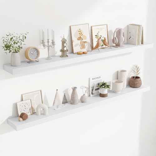Fun Memories 67 Inch Fireplace Mantel Set of 2, Long Floating Shelf for Bedroom|Living Room, Wall Mounted Farmhouse Display with Invisible Heavy Duty Metal Bracket, White