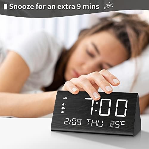 JALL Digital Alarm Clock, with Wooden Electronic LED Time Display, 3 Alarm Settings, Weekday/Weekend Mode, Temperature Detect, Wood Made Electric Clocks for Office, Bedroom, Bedside (Black)