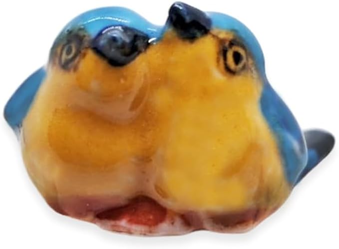 WitnyStore Tiny ¾ Inch Long Blue Yellow Twin Eastern Bluebird Bird Figurine - Miniature Hand Made Ceramic Birds Aves Colorful Porcelain Feathered Animals Cute Decorative Collectible Figure Décor Gifts