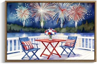 American Flag Framed Canvas Wall Art, 4th of July Patriotic Canvas Prints | Watercolor Lakefront Fireworks Poster Print, Independence Day Wall Decor for Bedroom Living Room 11×14in