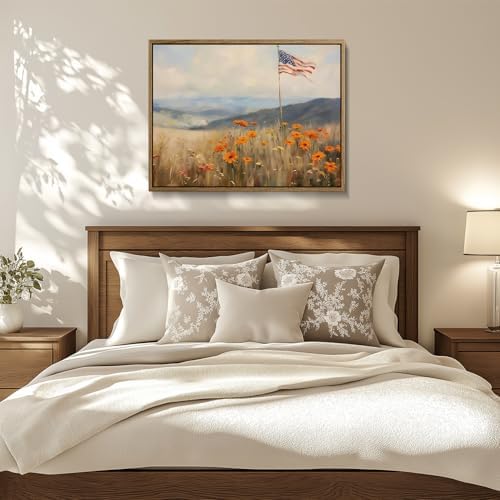 American Flag Framed Canvas Wall Art, 4th of July Patriotic Canvas Prints | Wildflower Meadow Landscape Poster Print, Vintage Rustic Independence Day Wall Decor for Bedroom Living Room 16×20in