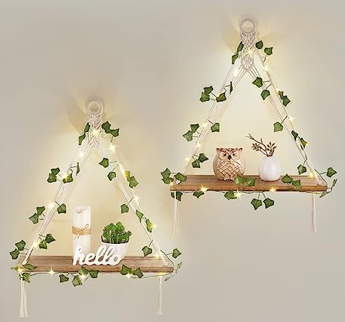 Mkono Macrame Wall Hanging Shelves Set of 2 with Artificial Ivy Lights