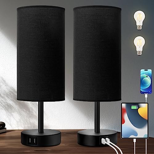 Yarra-Decor Bedside Lamps with USB Port - Touch Control Table Lamp for Bedroom 3 Way Dimmable Nightstand Lamp Set of 2 with Round Black Fabric Shade for Living Room, Dorm, Home Office (Black, 2 Pack)