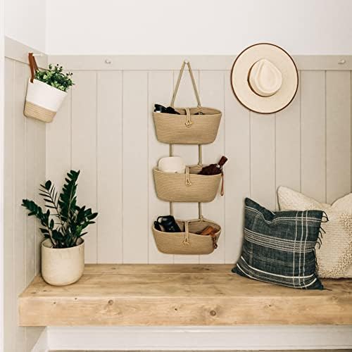 OrganiHaus Over the Door Organizer, Woven Rope Hanging Baskets, 3-Tier