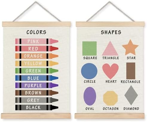 Supwhd Shapes Colors Posters for Classroom Wall, Shapes Colors Learning Poster Hanger Frame Wall Decor for Classroom Nursery Kids Room Playroom Preschool Decor, 12x16 Set of 2