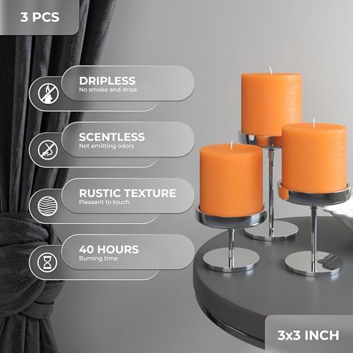 CANDWAX 3x3 Pillar Candles Set of 3 - Rustic Unscented No Drip Orange Candles for Home Decor, Parties, Centerpieces, Halloween Décor, Thanksgiving
