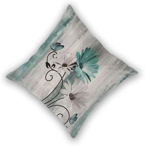 Teal Floral Pillow Covers 20 x 20 Inch Set of 2 Daisy Floral Butterfly Decorative Throw Pillow Covers Linen Rustic Farmhouse Cushion Cases for Home Sofa Couch Living Room Decor