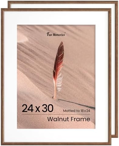 Fun Memories 24x30 Poster Frame, Solid Oak Wood Picture Frames, Modern Photo Frame for Wall 24x30 with 18x24 Mat, High Definition Plexiglass & Wall Hook Included (Walnut, 2 Pack)