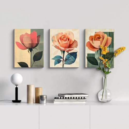 NAN Wind 3Pcs Abstract Rose Wall Art Canvas Print Minimalist Floral Painting Modern Geometric Flower Botanical Artwork Mid Century Style Home Decor Green Teal Beige Decor for Living Room Bedroom