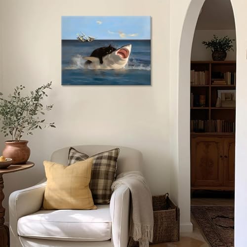 Yaneiro Framed Black Cat Bathroom Wall Art, Funny Quirky Cat and Shark Pictures Canvas Print, Abstract Black Cat Shark Posters Wall Decor for Room Bedroom Living Room Bathroom 12x16 in