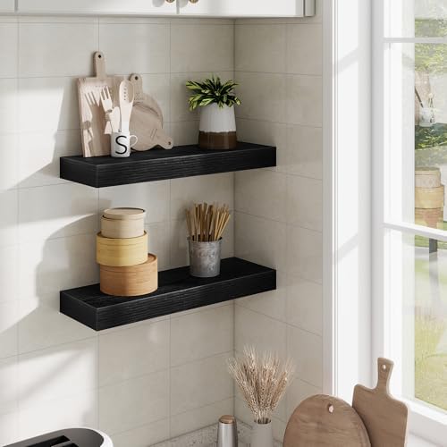 Fun Memories Floating Shelves Bathroom for Wall Mounted Shelves, 20 Inch Wood Shelf Set of 2, Home Storage & Display Decor, Black