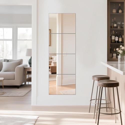 Full Length Mirror Tiles, 16" x 12" x 4PCS Home Gym Mirror for Wall, Glass | Frameless Wall Mounted Mirror for Garage, Bedroom, Living Room, Over The Door