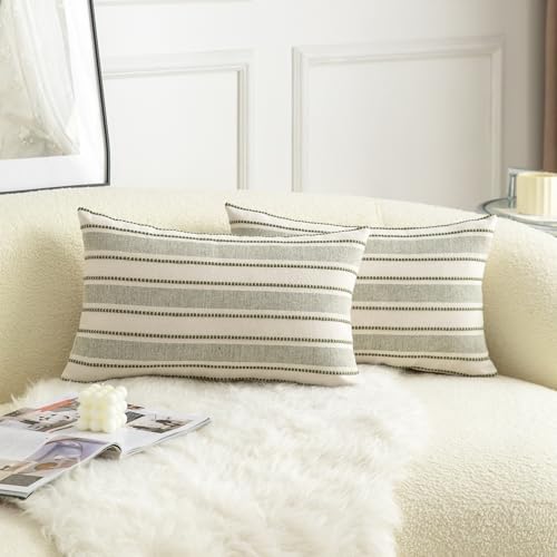 Cethom Decorative Boho Lumbar Throw Pillow Covers, Farmhouse Textured Pillow Case, 12 x 20 Inch Set of 2, Chair Sofa Bedroom Living Room Home Decor Couch Cushion Case, Olive Green and Beige