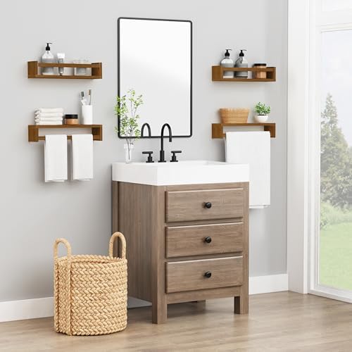 Forbena Dark Wood Nursery Kids Bookshelf Wall Mounted, Wooden Floating Nursery Book Shelves for Wall, Hanging Kids Bookshelves for Toddler Baby Room Bedroom Bathroom (Solid Pine, Walnut Brown, 4 Pack)