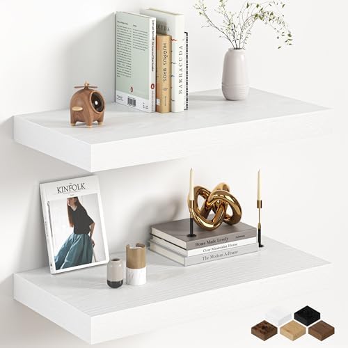 Fun Memories 24 Inch Deep Floating Shelves, Set of 2 Rustic Wood Wall Mounted Shelves with Invisible Brackets, Storage Bookshelf for Living Room, Bathroom, Bedroom and Kitchen, White