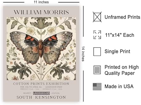 Poster Master Butterfly Print - William Morris Poster - Flower & Animal Art - Botanical Exhibition Illustration - Floral Moth Artwork - Aesthetic Office or Bedroom Decor - 11x14 UNFRAMED Wall Decor