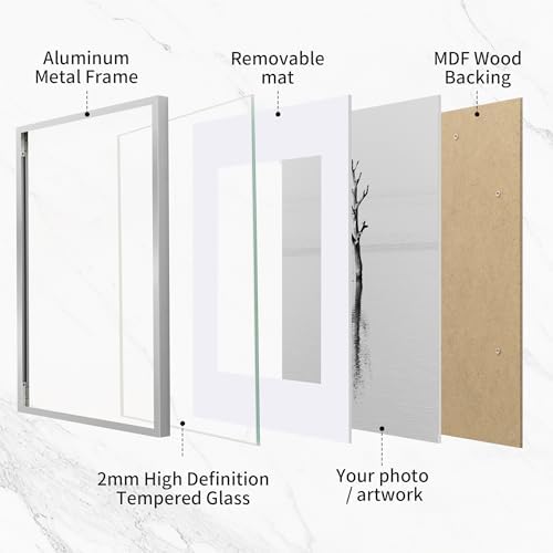 14x18 Metal Picture Frame with 11x14 Mat, Brushed Aluminum Finish, Attached Hanging Hardware, and Tempered Glass Front - Versatile Vertical or Horizontal Wall Display Frames Set of 1 - Silver