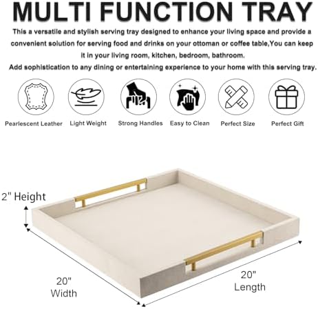 Beige Faux Leather Serving Tray with Handles – Large Decorative Tray for Coffee Table, Ottoman, Living Room, Bathroom – Home Decor