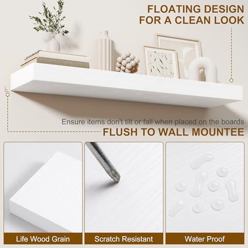 Fun Memories Floating Shelves for Wall, 20Inch Floating Shelves Set of 2, Hanging Shelf with Invisible Brackets, Wood Shelves for Living Room, Bedroom, Kitchen, White