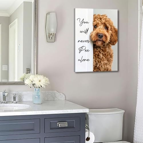 Funny Dog Bathroom Canvas Wall Art Cute Animal Humorous Goldendoodle Painting Pictures Restroom Wall Decor You Will Never Pee Alone Poster Print Artwork for Toilet Nursery Decor 16x24in