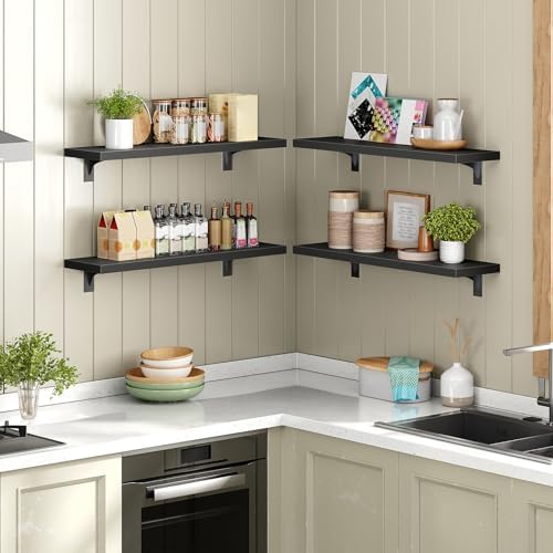 HOOBRO Floating Shelves for Wall, 23.6" Wall Mounted Shelves Set of 2, Hanging Storage Shelf with Metal Brackets, Wooden Shelf for Living Room, Bedroom, Bathroom, Black BK62BJP201G1