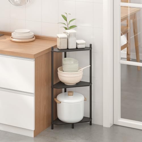 Wisuce Black Small Corner Shelf Stand, 3-Tier Bamboo Corner Bookshelf