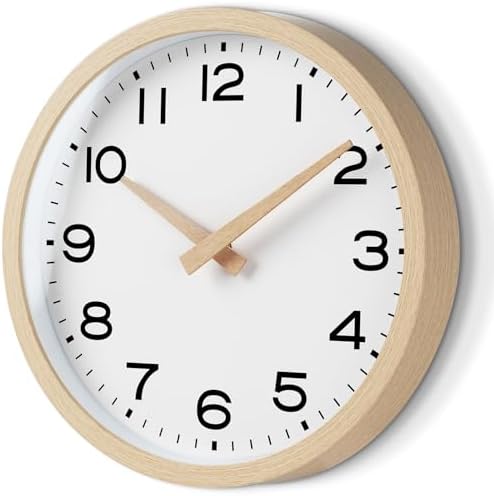 AKCISOT 14 Inch Wall Clock, Silent Battery Operated Analog Clock, Natural | Classroom | Office | Kitchen | Living Room | Garage | Shop | Large Size | Easy-to-read numbers